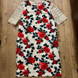 NWOT$298 Manoush Rose Prints Floral Silk/Crochet Shift Dress FR 40 UK 12 US 8